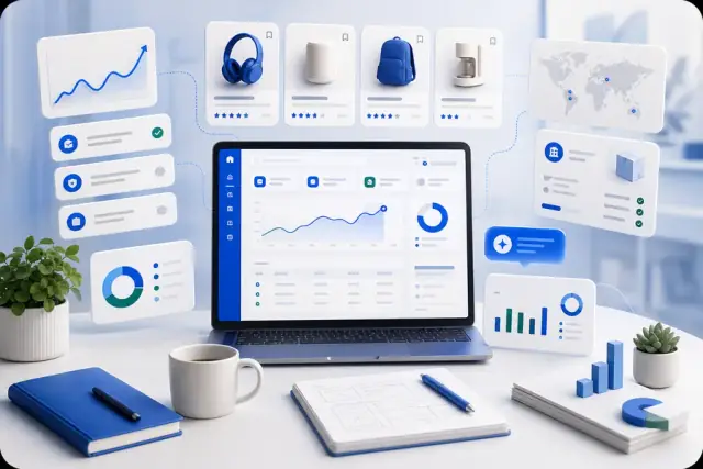 Generated artwork showing ecommerce product research cards and seller signals